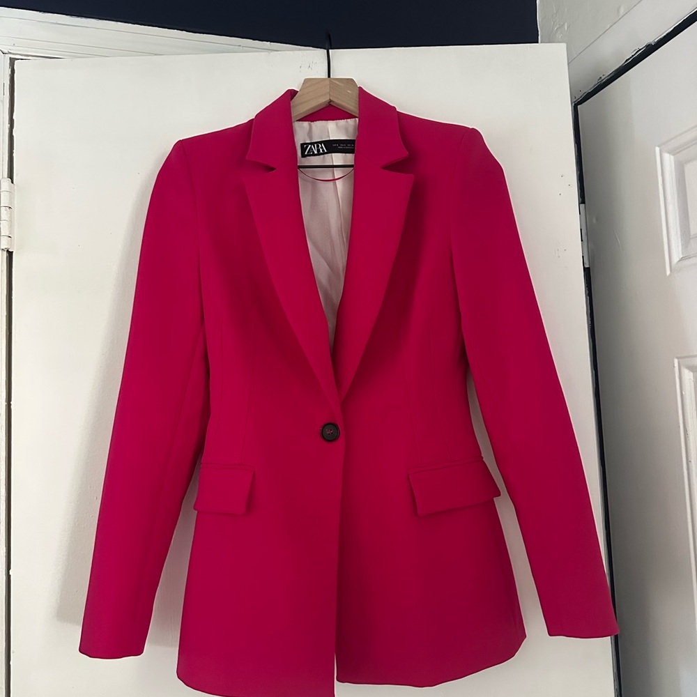 Zara Topstitched fitted Blazer Women's Vibrant Fuchsia Blazer
